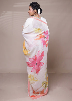 White Linen Silk Saree With Blouse Piece