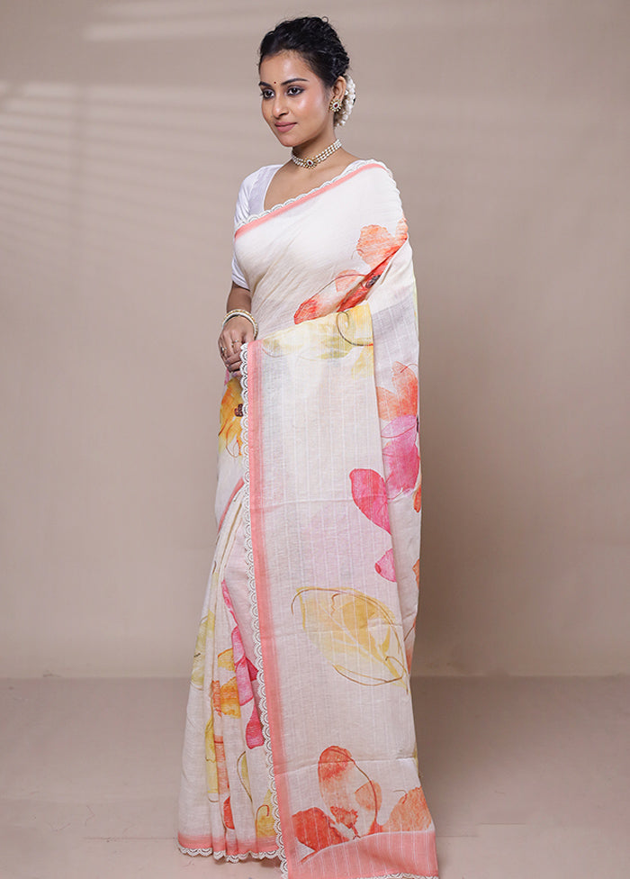 White Linen Silk Saree With Blouse Piece