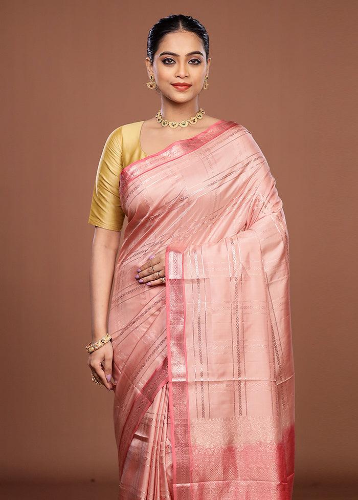 Pink Handloom Kanchipuram Pure Silk Saree With Blouse Piece