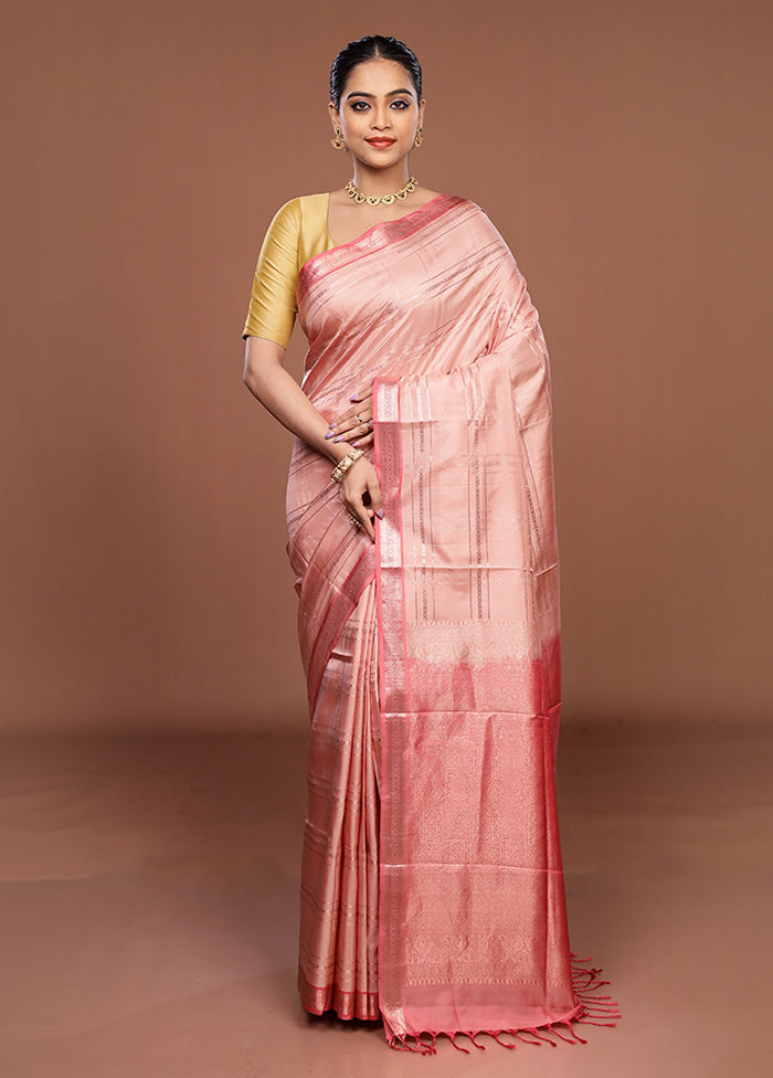 Pink Handloom Kanchipuram Pure Silk Saree With Blouse Piece
