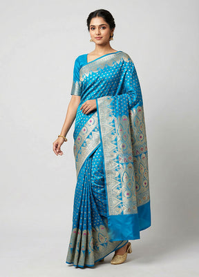Blue Handloom Banarasi Pure Silk Saree With Blouse Piece