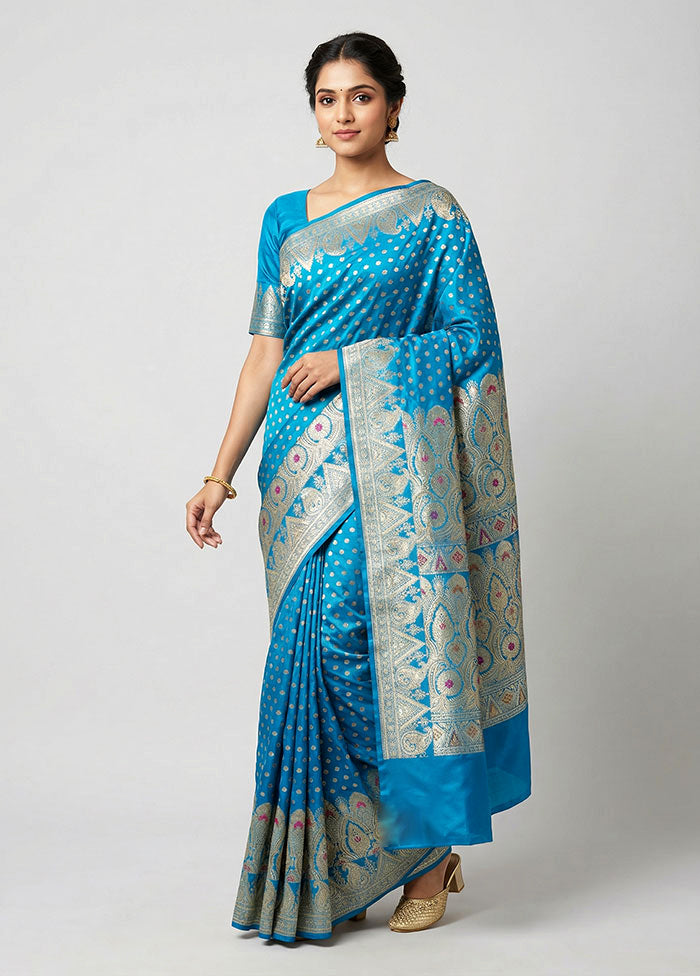 Blue Handloom Banarasi Pure Silk Saree With Blouse Piece