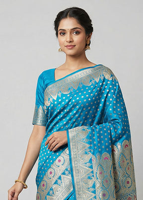 Blue Handloom Banarasi Pure Silk Saree With Blouse Piece