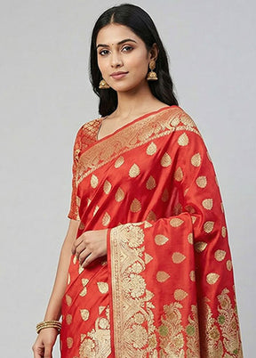 Red Handloom Banarasi Pure Silk Saree With Blouse Piece