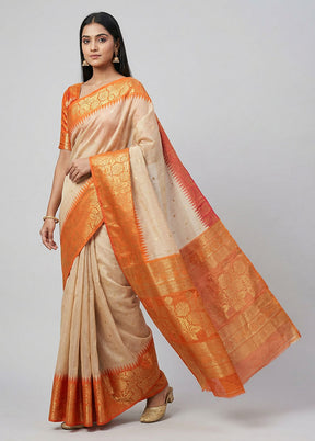 Cream Tussar Silk Saree With Blouse Piece