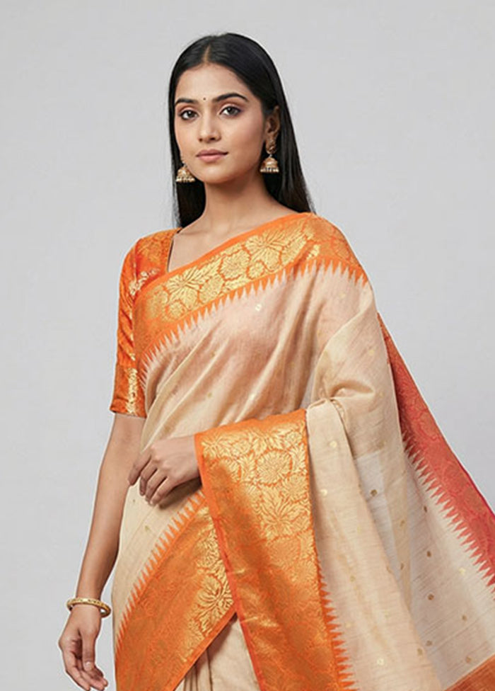 Cream Tussar Silk Saree With Blouse Piece