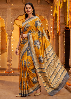 Yellow Printed Pure Silk Saree Without Blouse Piece