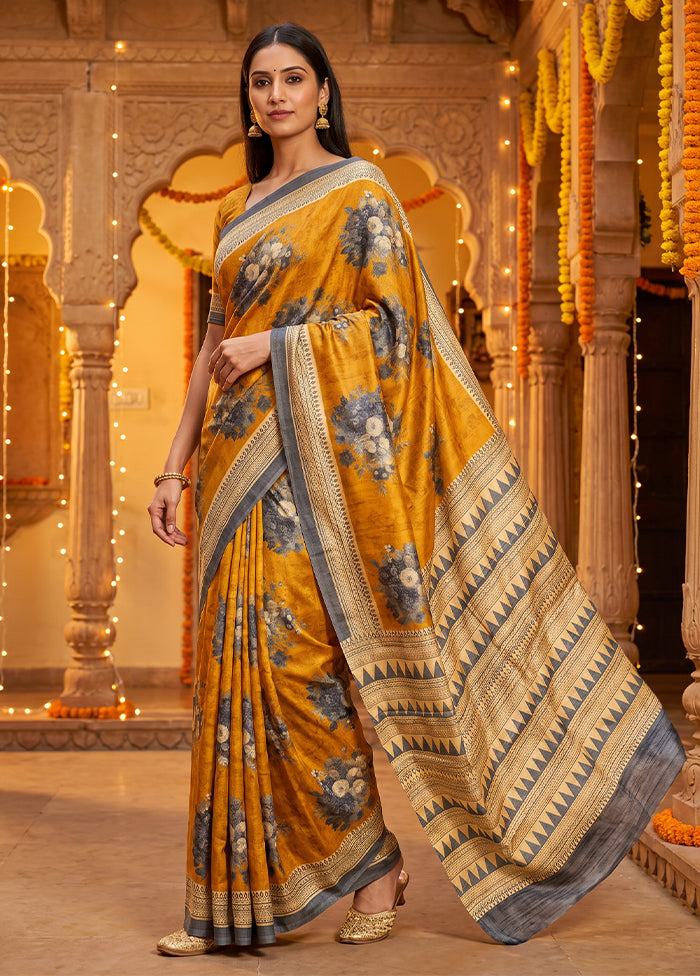 Yellow Printed Pure Silk Saree Without Blouse Piece
