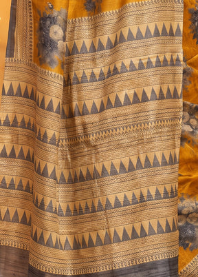 Yellow Printed Pure Silk Saree Without Blouse Piece