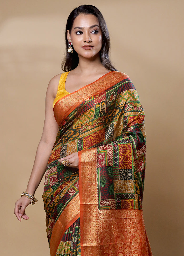 Yellow Printed Silk Saree Without Blouse Piece