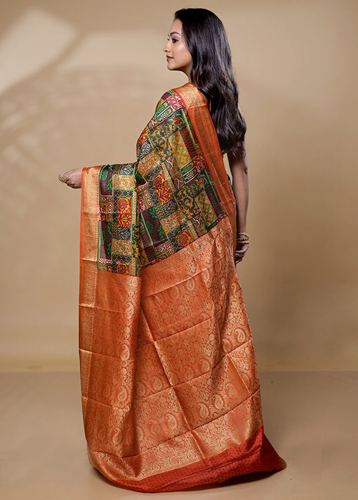 Yellow Printed Silk Saree Without Blouse Piece