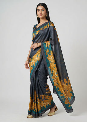 Grey Printed Pure Silk Saree Without Blouse Piece