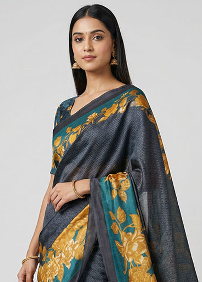 Grey Printed Pure Silk Saree Without Blouse Piece