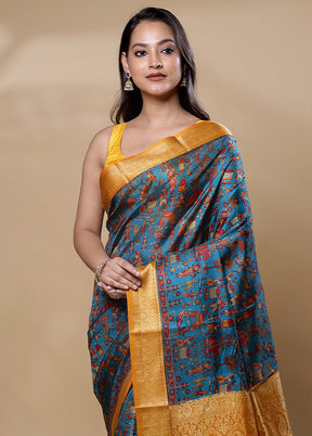 Blue Printed Silk Saree Without Blouse Piece
