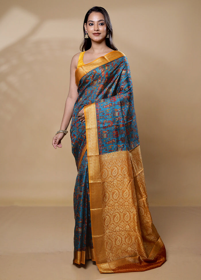 Blue Printed Silk Saree Without Blouse Piece