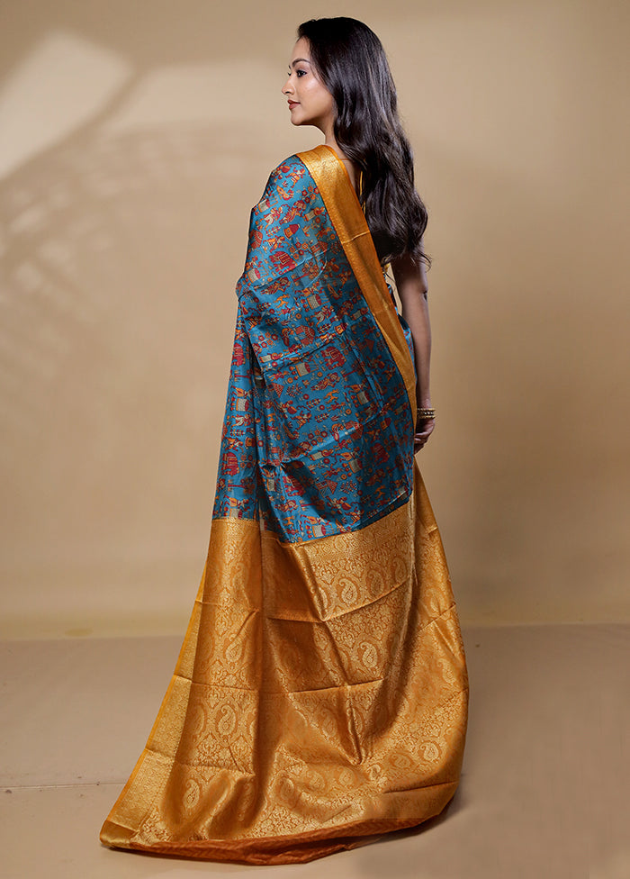 Blue Printed Silk Saree Without Blouse Piece