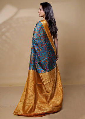 Blue Printed Silk Saree Without Blouse Piece