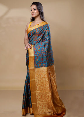 Blue Printed Silk Saree Without Blouse Piece