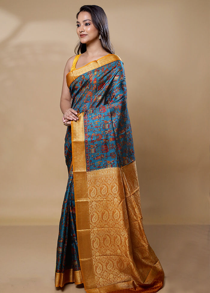 Blue Printed Silk Saree Without Blouse Piece