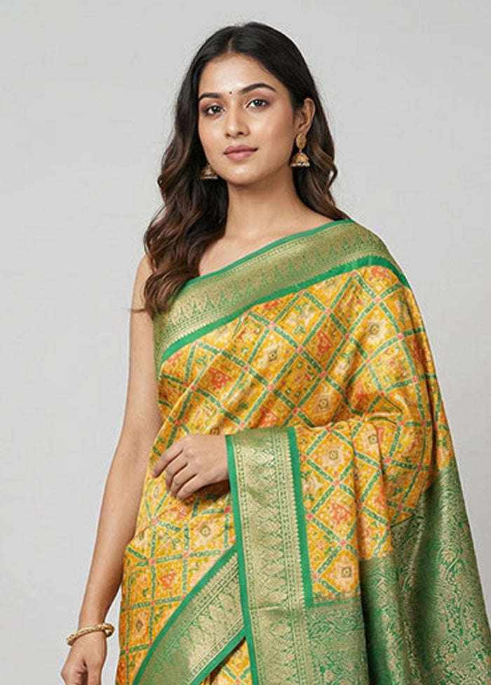Yellow Printed Pure Silk Saree Without Blouse Piece