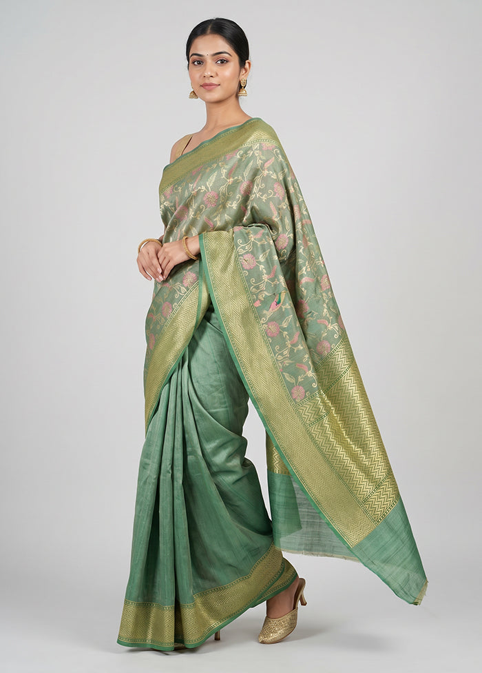 Green Handloom Tussar Pure Silk Saree With Blouse Piece