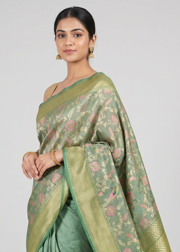 Green Handloom Tussar Pure Silk Saree With Blouse Piece