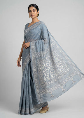 Grey Handloom Kantha Stitch Pure Silk Saree With Blouse Piece