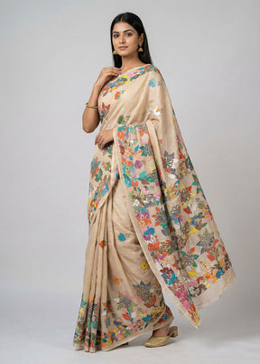 Cream Handloom Kantha Stitch Pure Silk Saree With Blouse Piece