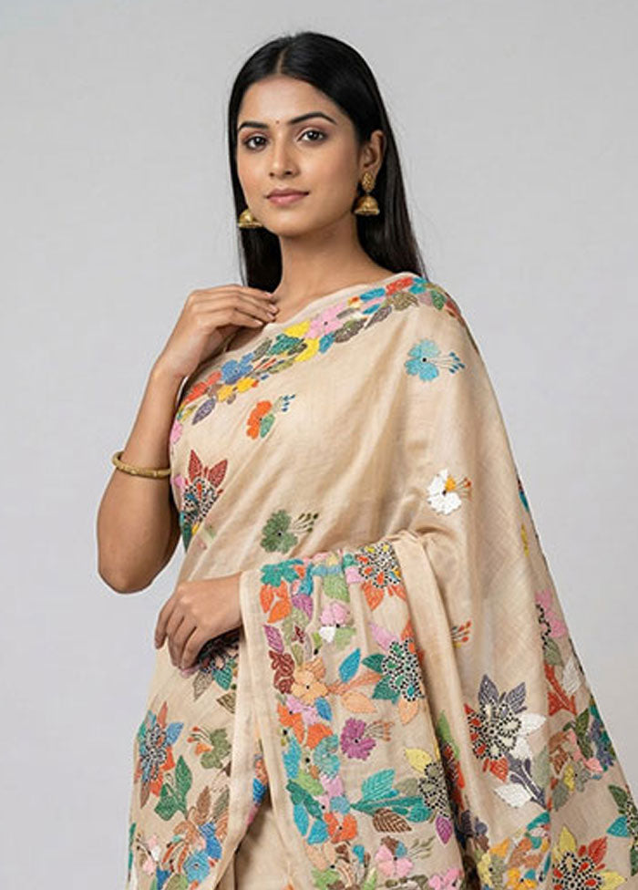 Cream Handloom Kantha Stitch Pure Silk Saree With Blouse Piece