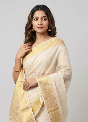 White Dupion Silk Saree With Blouse Piece