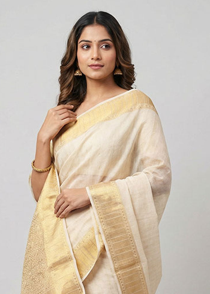 White Dupion Silk Saree With Blouse Piece