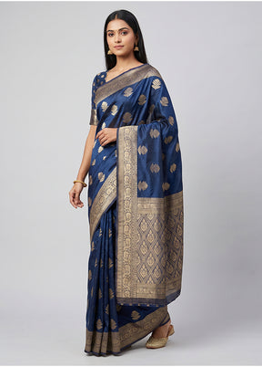 Blue Dupion Silk Saree With Blouse Piece
