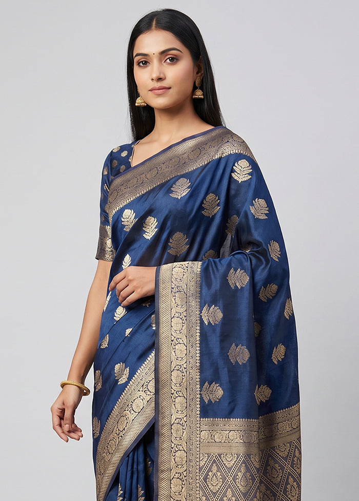 Blue Dupion Silk Saree With Blouse Piece