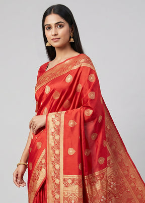 Red Dupion Silk Saree With Blouse Piece