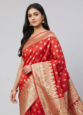 Red Handloom Banarasi Pure Silk Saree With Blouse Piece
