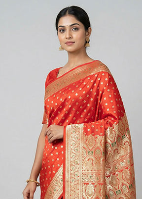 Red Handloom Banarasi Pure Silk Saree With Blouse Piece