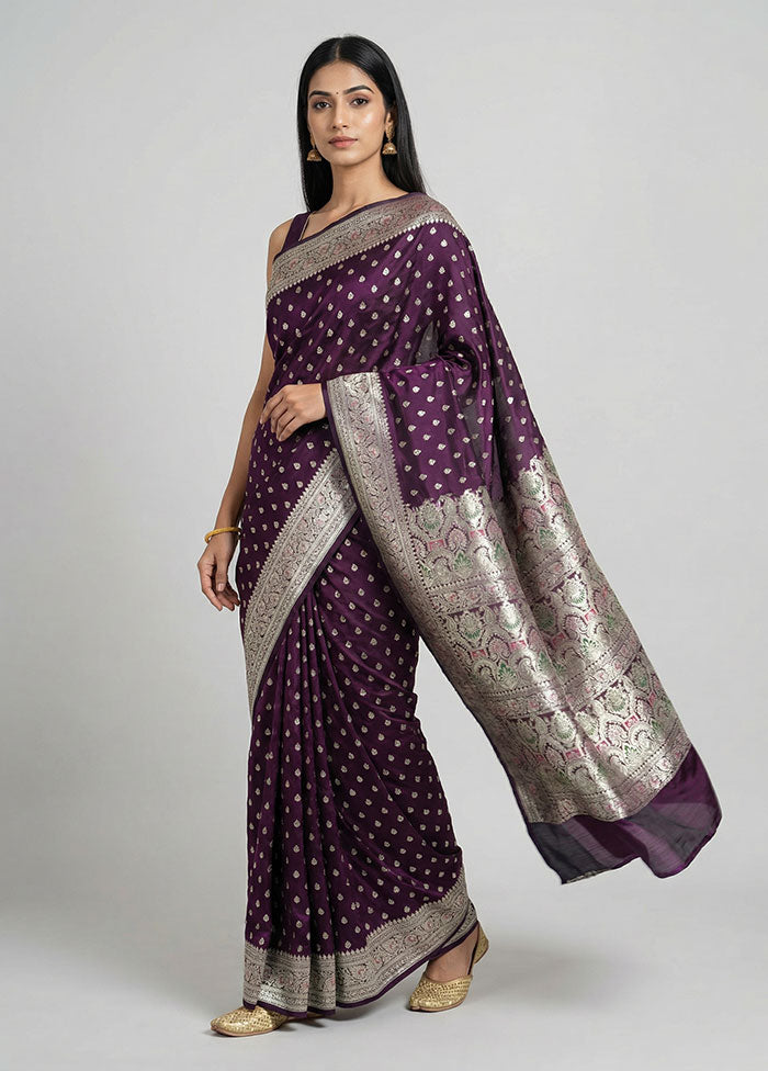 Purple Handloom Banarasi Pure Silk Saree With Blouse Piece