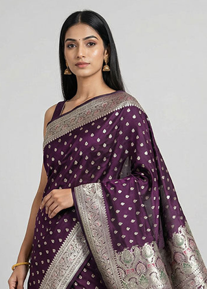 Purple Handloom Banarasi Pure Silk Saree With Blouse Piece