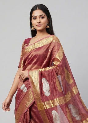 Pink Handloom Tissue Pure Silk Saree With Blouse Piece