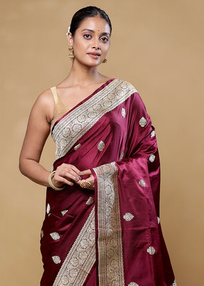 Maroon Handloom Katan Pure Silk Saree With Blouse Piece