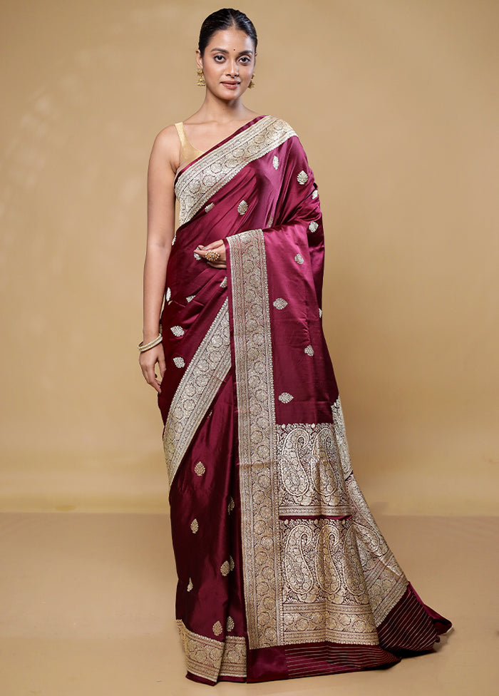 Maroon Handloom Katan Pure Silk Saree With Blouse Piece