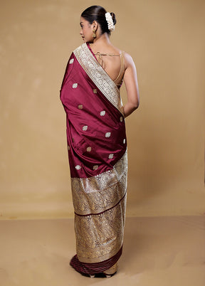 Maroon Handloom Katan Pure Silk Saree With Blouse Piece