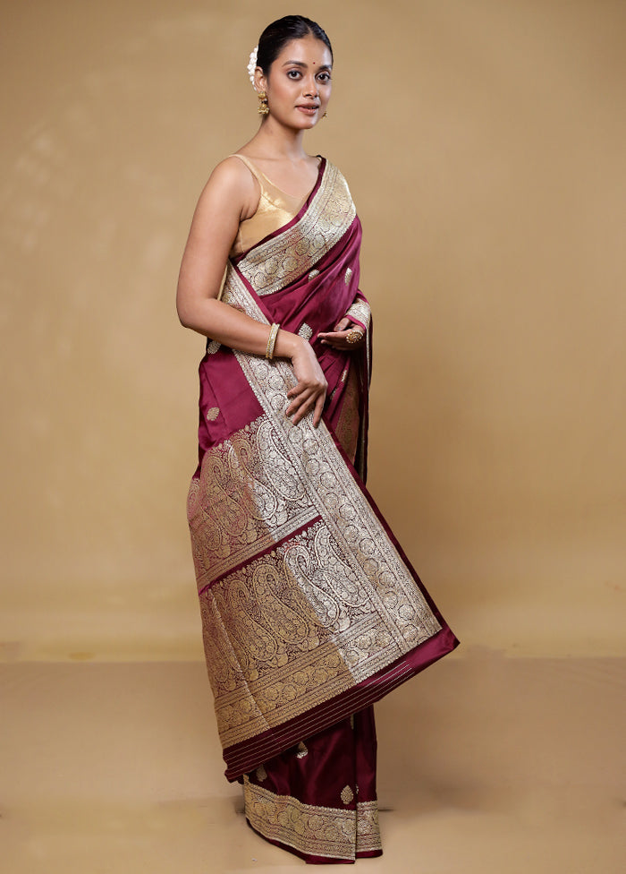 Maroon Handloom Katan Pure Silk Saree With Blouse Piece