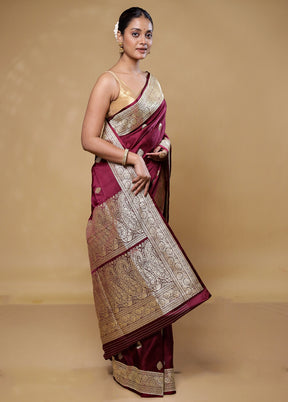 Maroon Handloom Katan Pure Silk Saree With Blouse Piece