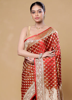 Maroon Handloom Banarasi Pure Silk Saree With Blouse Piece