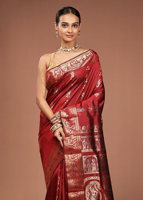 Maroon Handloom Baluchari Pure Silk Saree With Blouse Piece