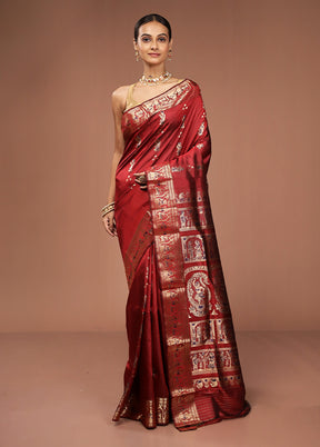 Maroon Handloom Baluchari Pure Silk Saree With Blouse Piece