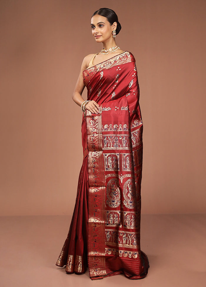 Maroon Handloom Baluchari Pure Silk Saree With Blouse Piece