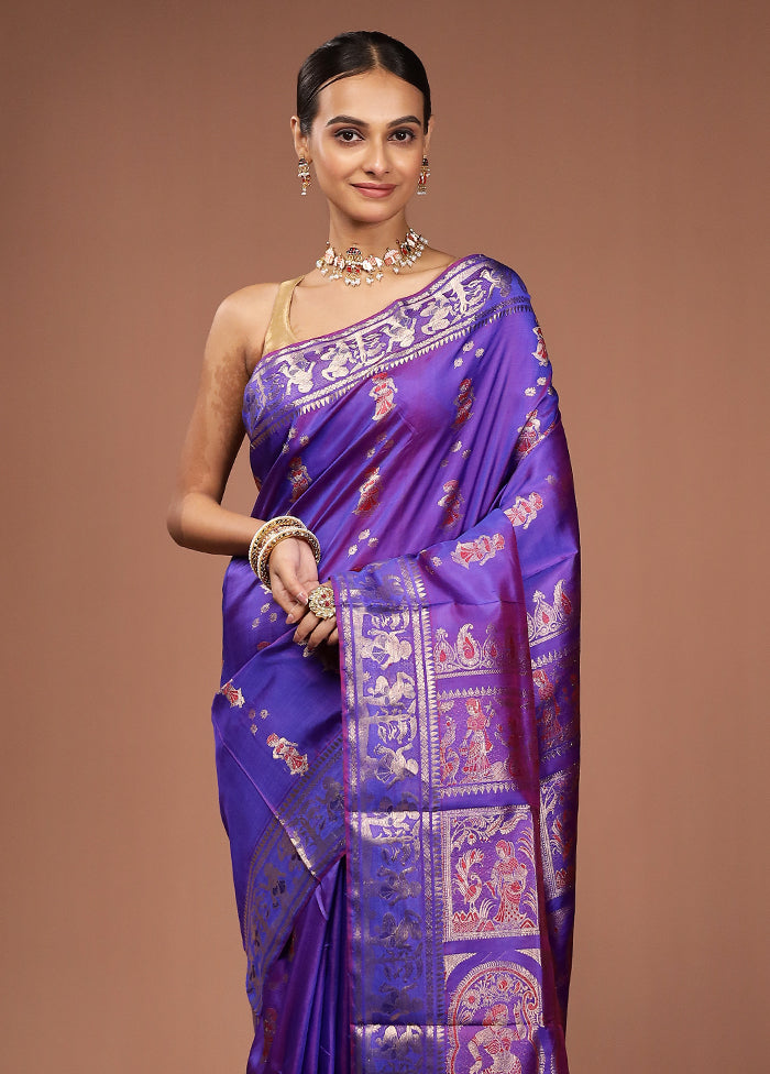 Purple Handloom Baluchari Pure Silk Saree With Blouse Piece