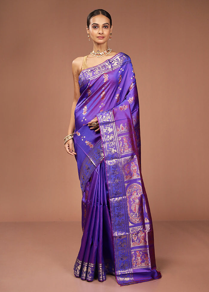 Purple Handloom Baluchari Pure Silk Saree With Blouse Piece